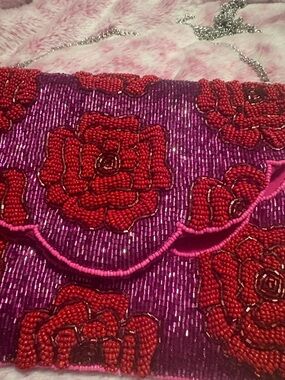Beaded Floral Evening Clutch in Pink, Purple & Red